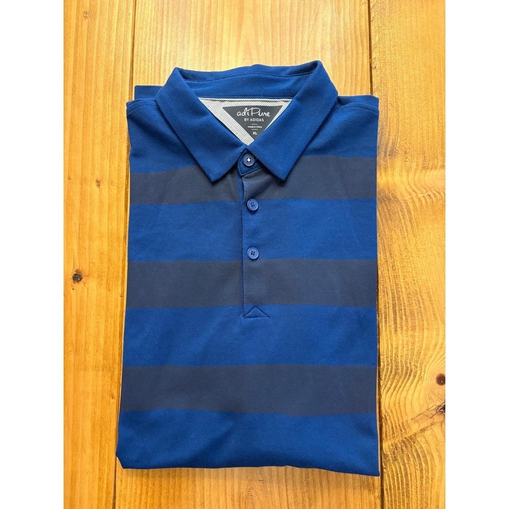 Adidas AdiPure Mens XL Blue Striped Short Sleeve Golf Polo Shirt Pique Stretch - Picture 6 of 10